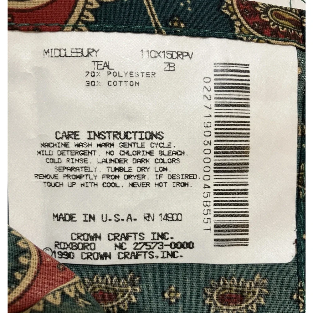 Valance Drapes Window Covering Set Green Paisley Crown Crafts Middlebury NEW